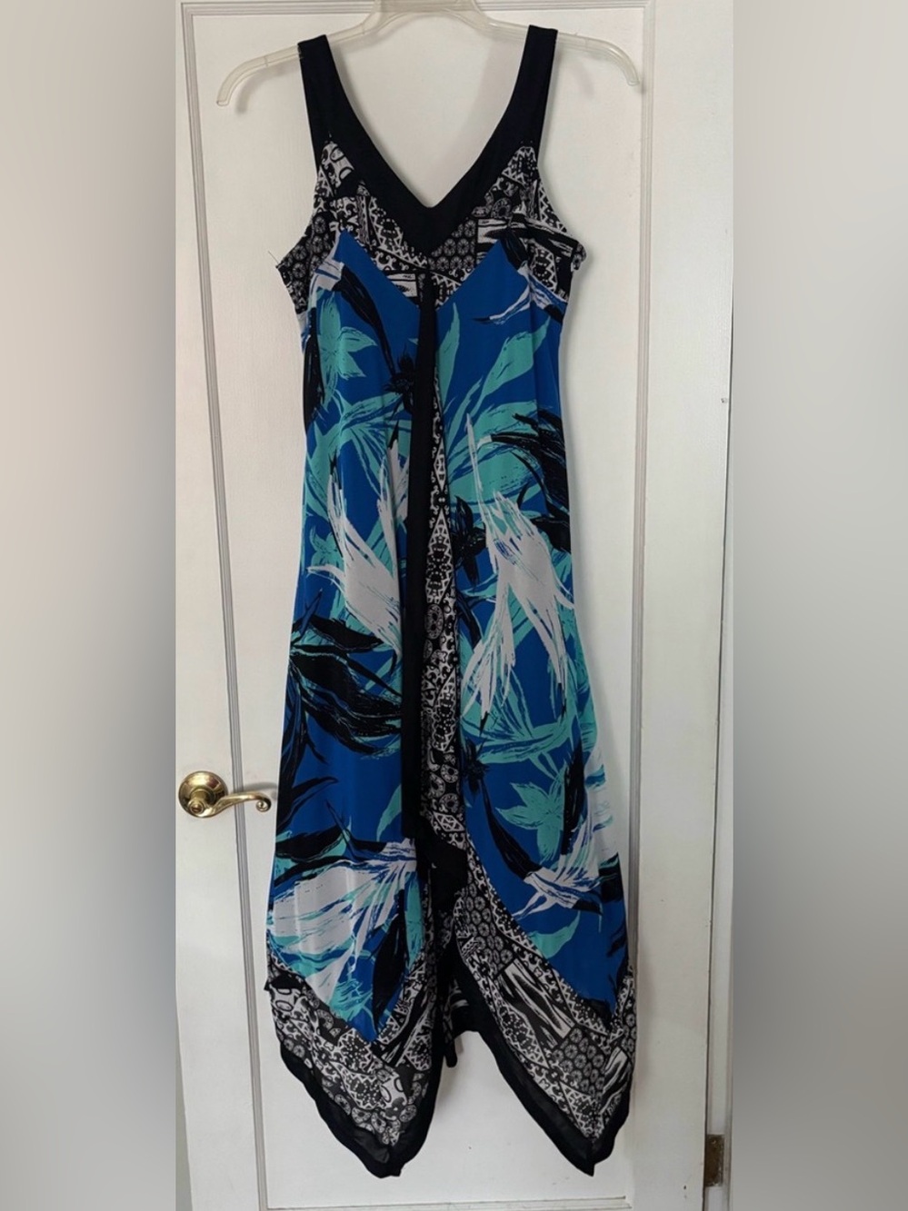 Style & Co. Blue Teal Black Printed Handkerchief-Hem Maxi Dress